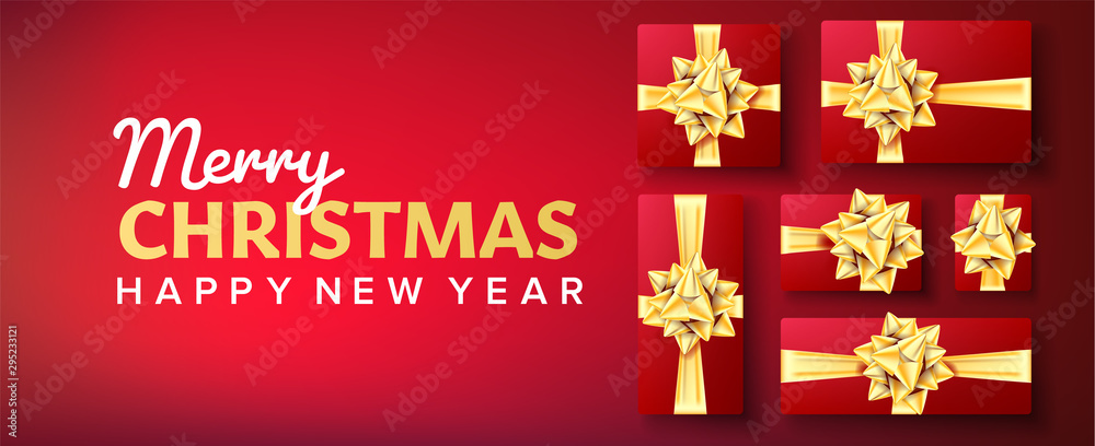 Merry Christmas Banner Vector. Gifts Box Gold Bow. Red Horizontal Background Illustration