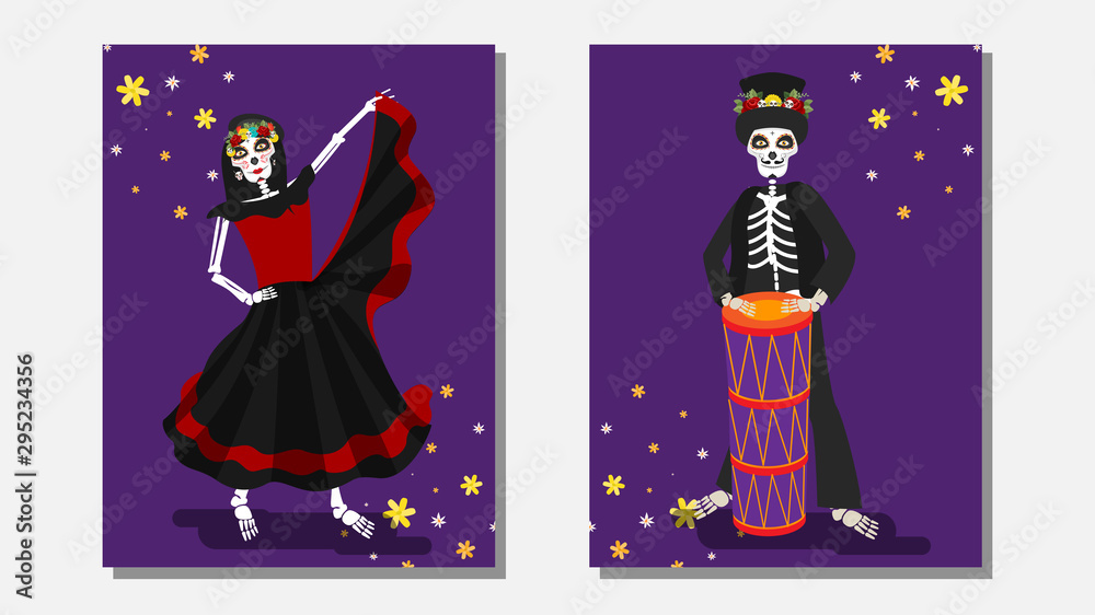 Illustration of catrina dancing and skeleton man holding drum on purple background in two option.