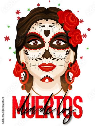 Dia De Los Muertos celebration template or flyer design with illustration of catrina on white background.
