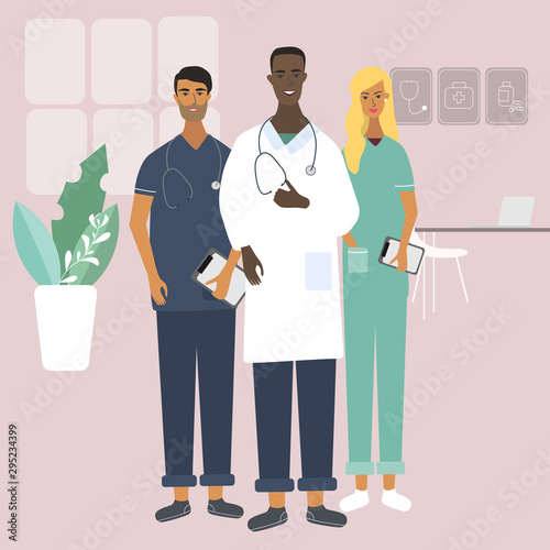 Doctors and nurse at the clinic. Team of medical specialists. Flat stylish vector illustration in cartoon style for medical office, clinics, laboratory. Isolated characters.