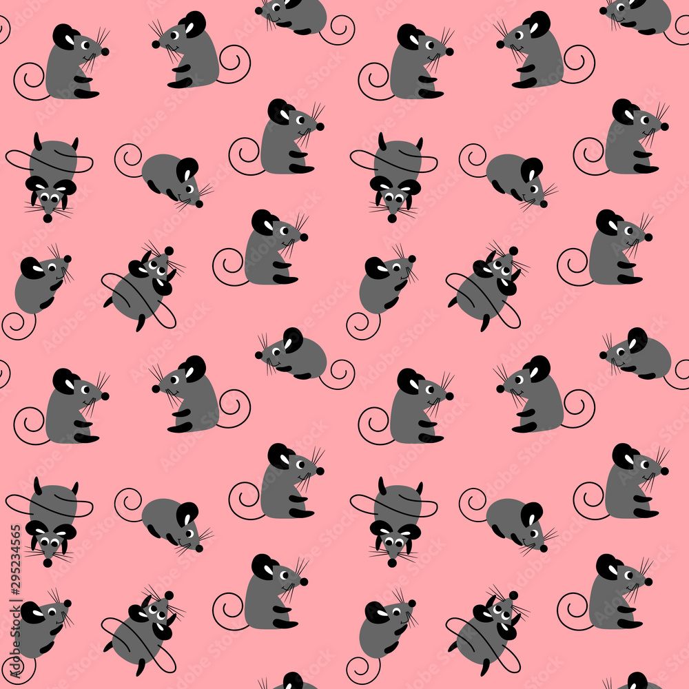 Seamless pattern with cute cartoon mice. Symbol of the New year 2020. Funny rats isolated on pink background. Flat vector illustration.