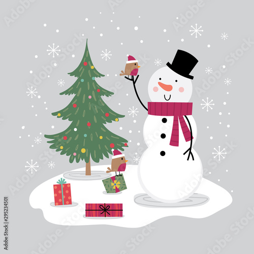 Cute Snowman and little robbin bird, Christmas card with cute character, vector illustration design