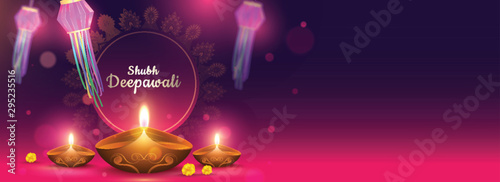 Shubh Deepawali header or banner design with illuminated oil lamps (Diya) and bokeh effect on purple and pink background.