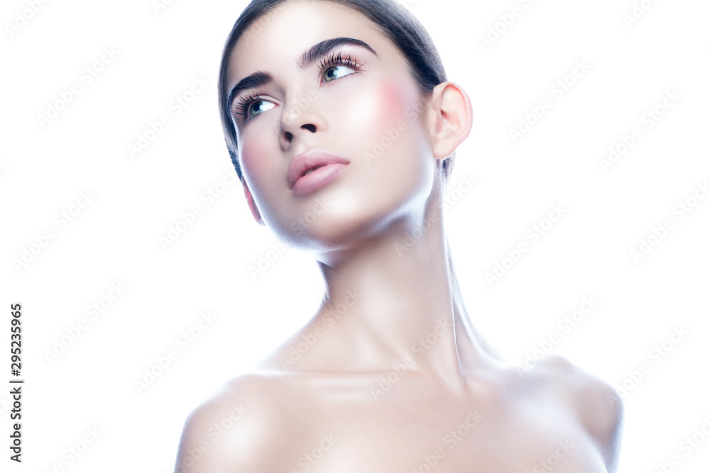 Beauty portrait of young sensual model woman, perfect skin, natural nude makeup, isolated
