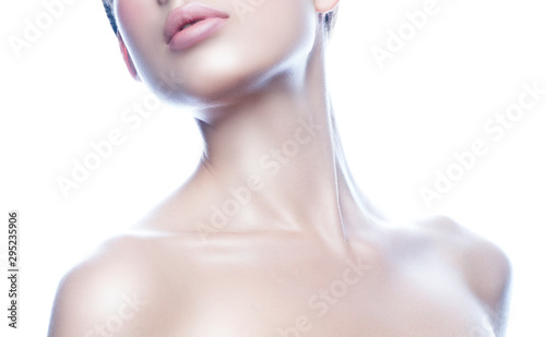 Lips, part of beauty face, shoulders of young model woman, perfect skin, neck, naked shoulders. Skincare facial treatment concept photo