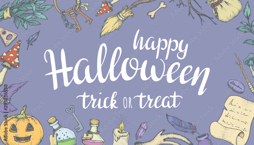 Obraz premium Happy Halloween. Card with witch things