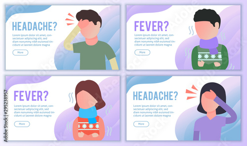 Headache and Fever website banners set. Cold or flu virus symptom influenza migraine landing page