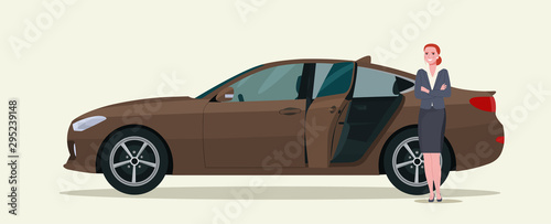 A business woman and car sedan with open back door. Vector flat style illustration.