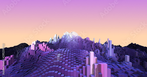 3D Complex City With Moving Colorful Cubes. Complex Cube Shapes Forming Modern City. Technology And Industry Related 3D Illustration Render
