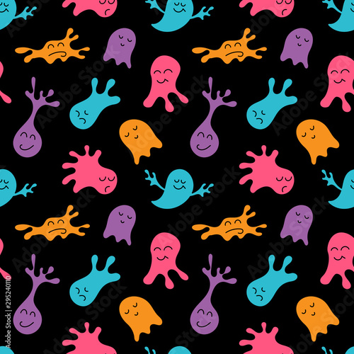 Cute funny cartoon colorful monsters for kids. Seamless pattern. Vector illustrations