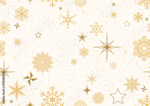 Christmas Pattern with Golden Decoration - Abstract Seamless Pattern or Background with Golden Snowflakes and Stars and Glitters, Vector Illustration