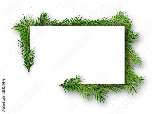 Frame with Coniferous Twigs on White Background with Silver Glitters - Christmas Square Illustration