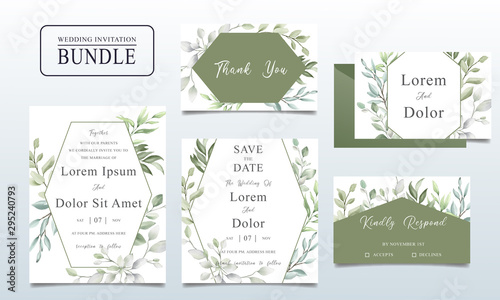 Elegant Wedding invitation card bundle with watercolor leaves
