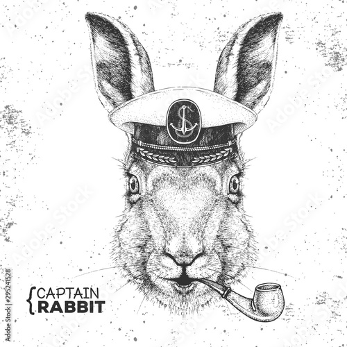 Hipster animal rabbit in captain's cap and smoking pipe. Hand drawing Muzzle of bunny