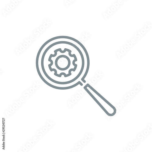 Gearwheel with magnifier glass outline flat icon. Single quality outline logo search symbol for web design or mobile app. Thin line design logo sign. Loupe lens icon isolated on white background