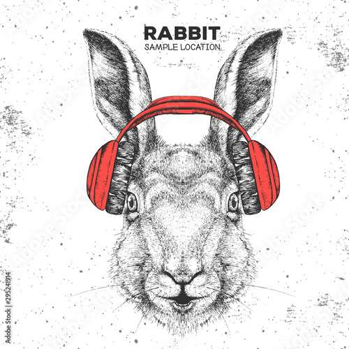 Hipster animal rabbit with headphones. Hand drawing Muzzle of animal bunny