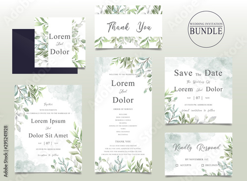 Elegant Wedding invitation card bundle with watercolor leaves