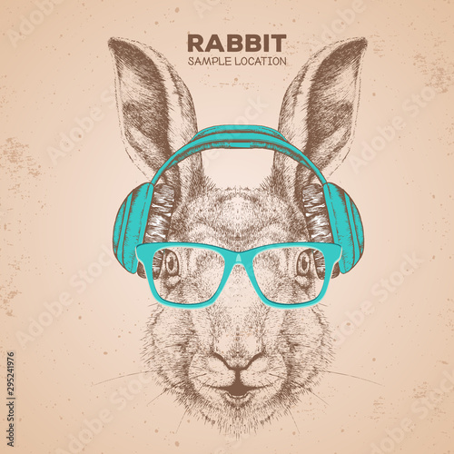Hipster animal rabbit with headphones. Hand drawing Muzzle of animal bunny