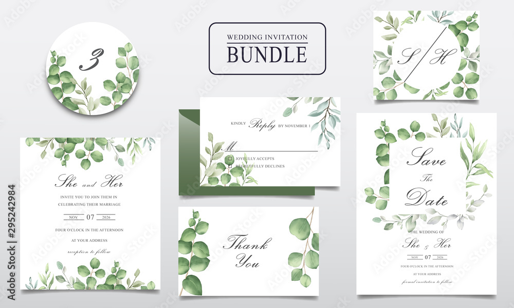 Elegant Wedding invitation card bundle with watercolor leaves