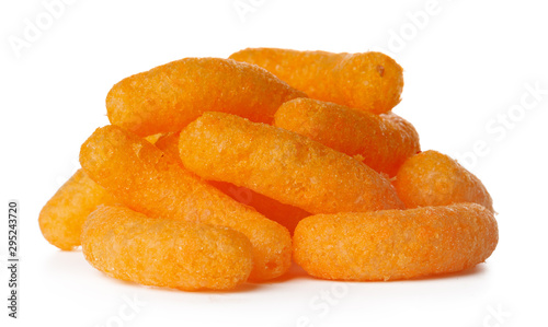 Close up cheese puff balls isolated on white photo