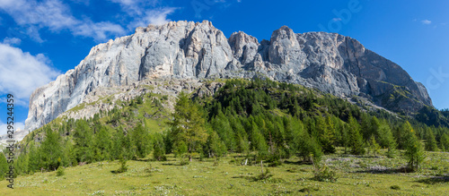 summer panorama of southern wall of Marmolada in Dolomites