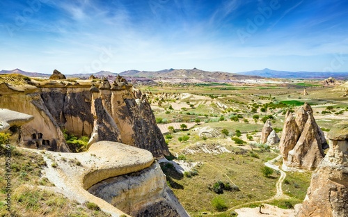 Amazing rocks in Cappadocia near Goreme eroded into spectacular pillars and minaret-like forms.