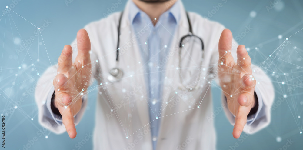 Scientist using floating digital network connections with dots and lines 3D rendering Scientist using floating digital network connections with dots and lines 3D rendering