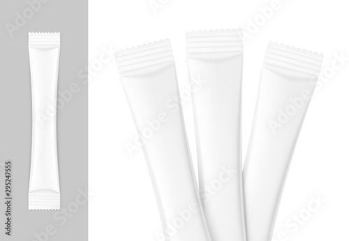 Realistic stick pack for products of the food and cosmetic industry on white background. Vector illustration. Possibility use for granulated, powder products. Coffee, 3 in 1, sugar. EPS10.