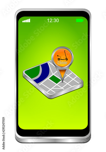 Smartphone with Map pointer with E-Scooter - 3D illustration