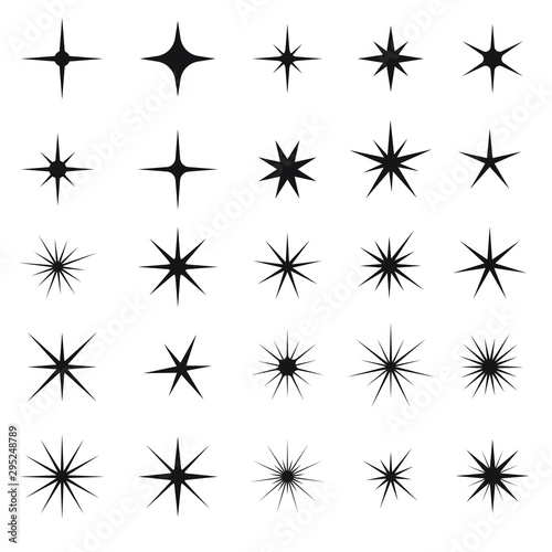 Vector illustration of sparks elements and symbols isolated on white background. Sparkles Black Template Icons. The set of stars, flares, monochrome flash effects