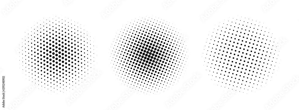 Vector halftone circles. Set of gradient dotted design elements. Black isolated dots