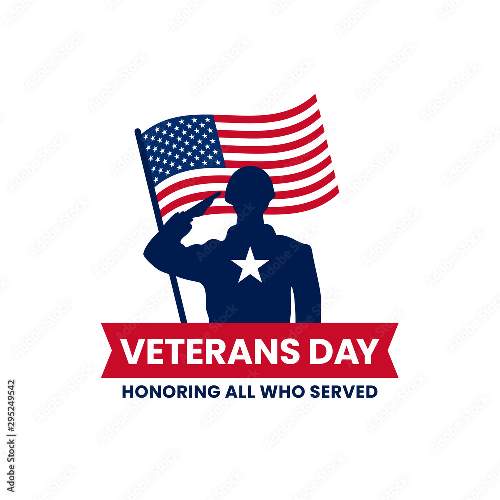 Happy veterans day honoring all who served retro vintage logo badge celebration poster background vector design. Soldier military salutation silhouette illustration with usa flag graphic ornament - obrazy, fototapety, plakaty 