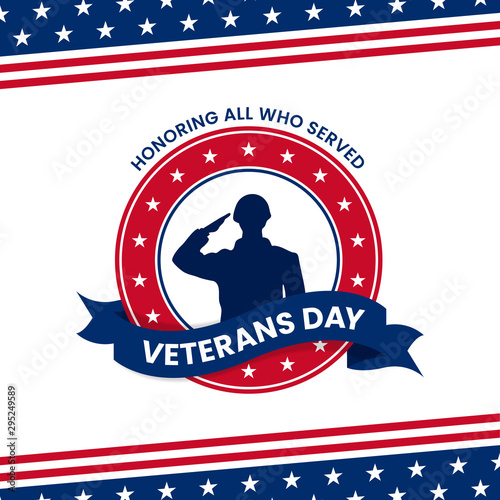 Happy veterans day honoring all who served retro vintage logo badge celebration poster background vector design. Soldier military salutation silhouette illustration with usa flag graphic ornament