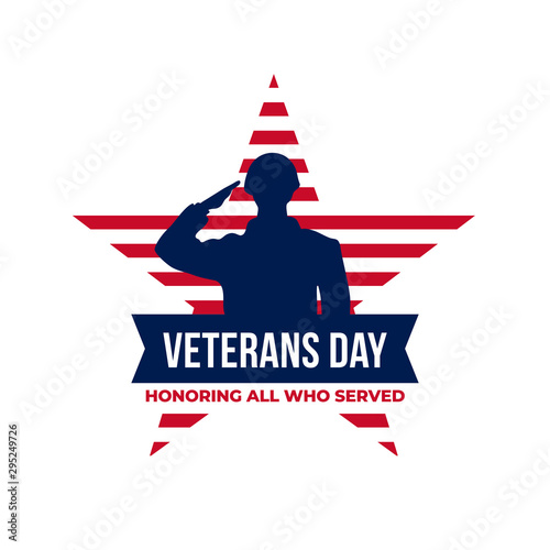 Happy veterans day honoring all who served retro vintage logo badge celebration poster background vector design. Soldier military salutation silhouette illustration with usa star flag graphic ornament photo