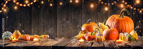 Thanksgiving - Pumpkins And Corncobs On Rustic Table