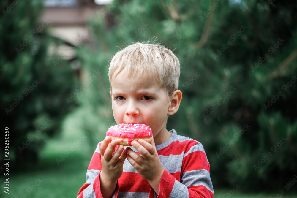 Happy boy eating a bright pink donut on the meadow Happy boy eating a bright pink donut on the meadow