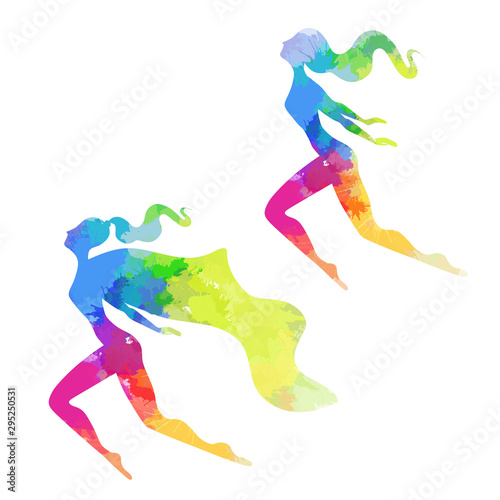 Set of silhouettes of women superheroes with rainbow watercolor stains. The rights of women and lesbians. Female power and independence. Vector object for cards, banners and your design.