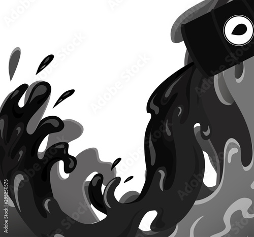 Vector flat illustration of oil barrel with pouring oil with splashes. Tank with a sticker of a drop. Black gold. Streaming type of fuel. Vector element for for banners, articles and your design.