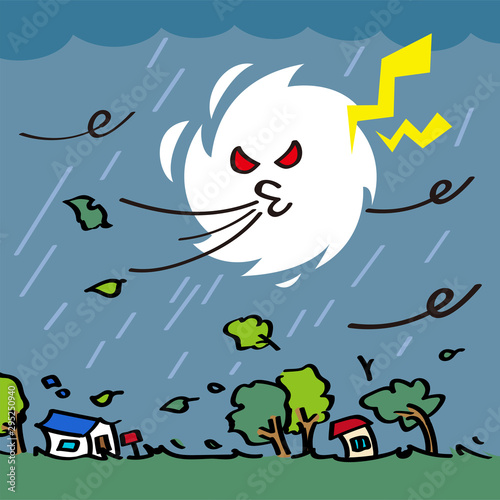 台風、悪天候による暴風の中を歩く男の子