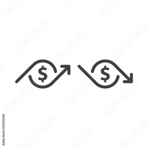 Dollar rate decrease and increase, money arrow up and down. Vector icon template