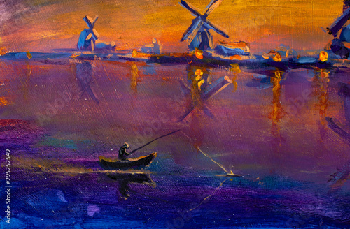 Fishind and Windmill farm river in Holland illustration. Fisherman in a boat and Windmills farmland scene. Windmill river water landscape painting photo