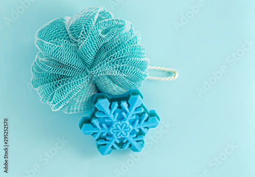 A washcloth with soap in the form of a snowflake close-up