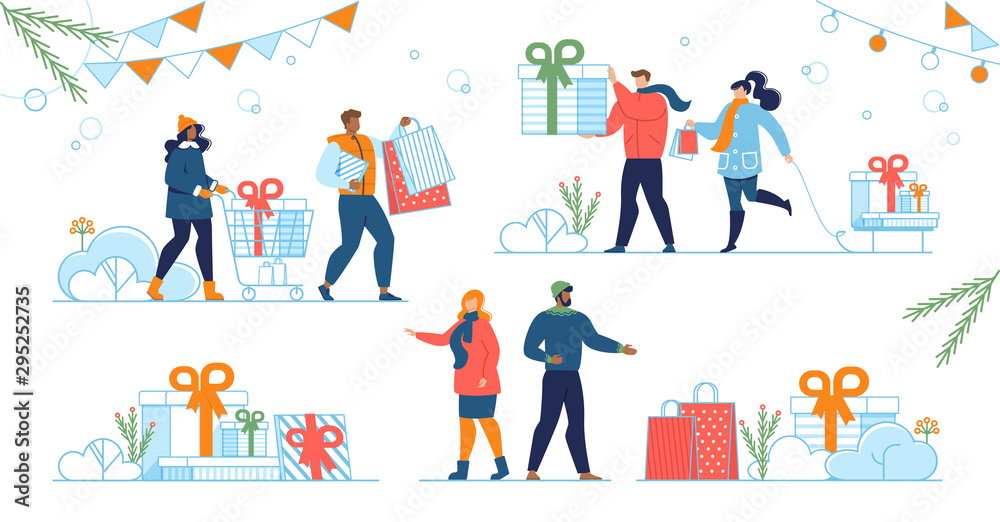 Winter Holiday Family Shopping Flat Vector Concept