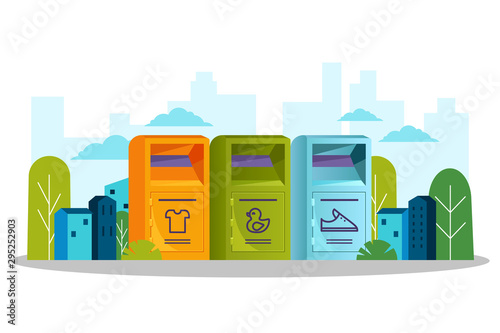 Boxes for used clothes donations. Donation, volunteering and social charity concept. Vector flat cartoon illustration.