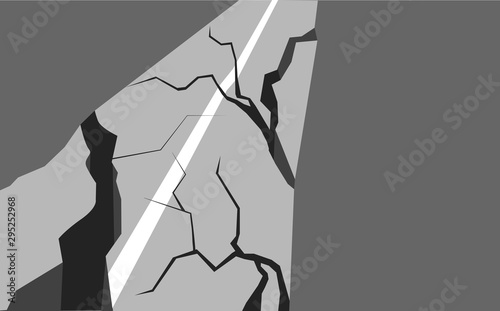 Vector flat illustration of an earthquake damaged road. Splits and cracks. Faults on the pavement. Natural disaster in the city. Modern cataclysm. Object for articles, cards, banners and your design.