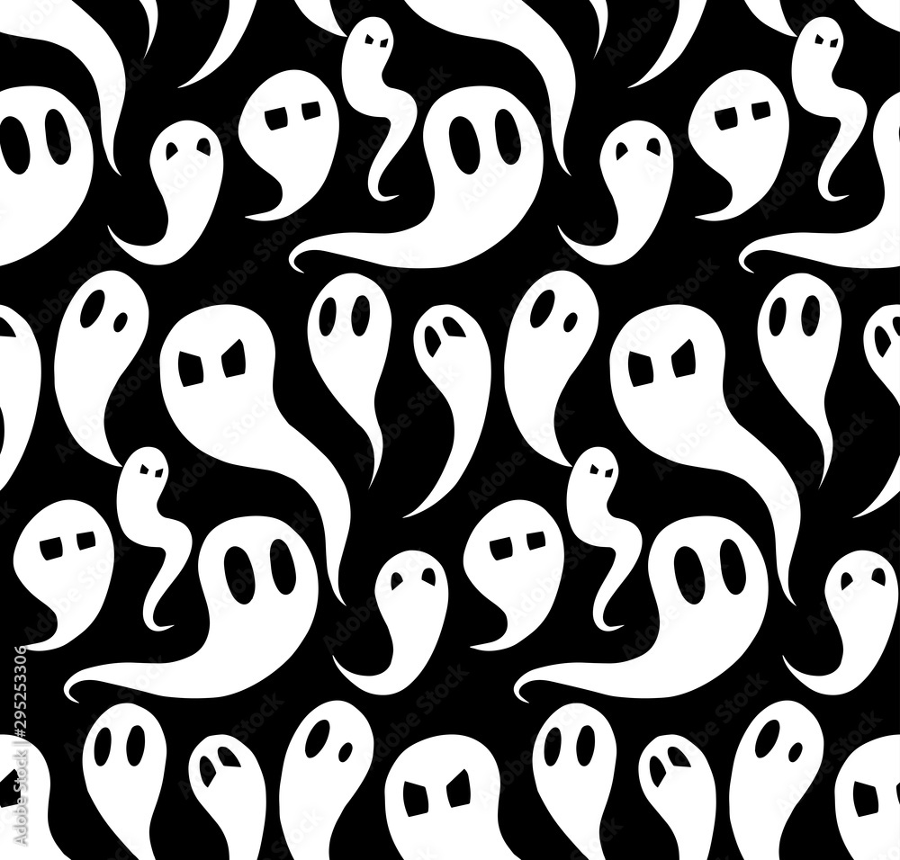 Seamless pattern with white cartoon ghosts with emotions. Spirits in ...