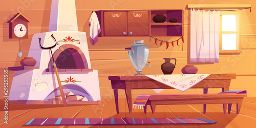 Old russian kitchen empty interior with traditional stove, wooden table, bench, cuckoo-clock, samovar, grip, shelf with pots, jug, rag on floor and window. Rural room decor Cartoon vector illustration