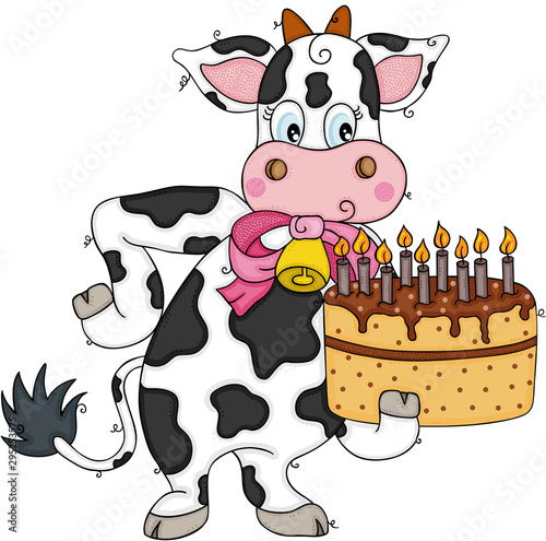 Cute cow holding a birthday cake