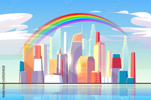Rainbow above city skyline architecture near waterfront bay, modern megapolis with buildings skyscrapers reflecting in water surface under blue cloudy sky with sun rays. Cartoon vector illustration