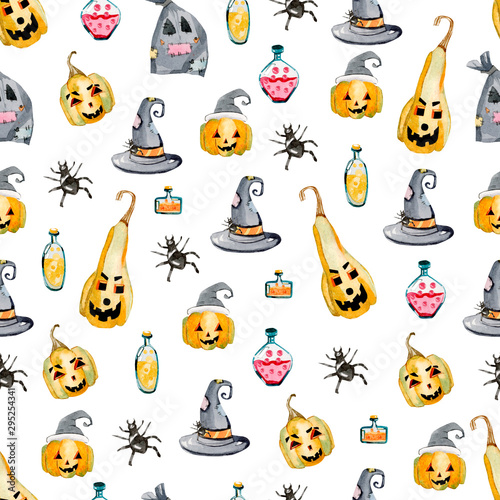 Watercolor Halloween seamless pattern. Illustration party isolated on white backgrounds for postcard, invintaion, banner, paper and the textile fabric. photo